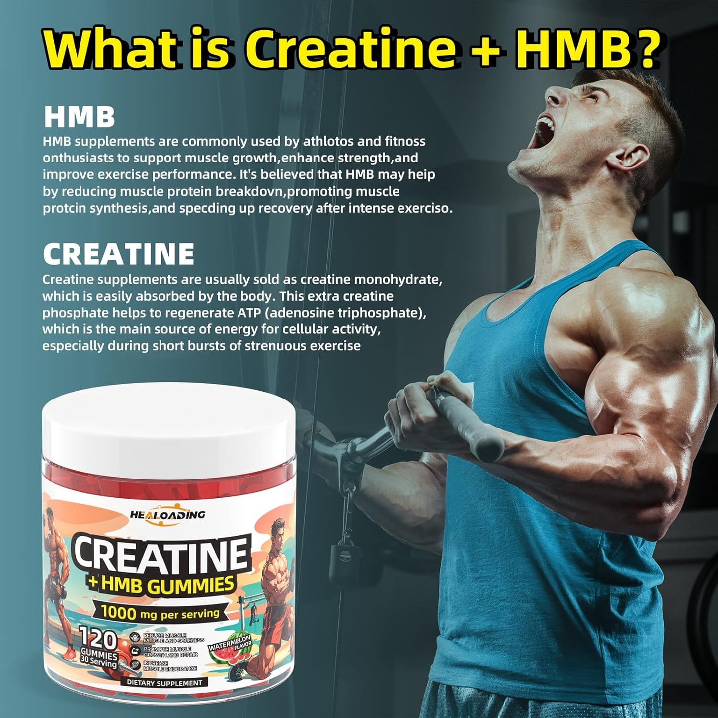 Creatine Monohydrate Gummies HMB Supplements for Men - Creatine and HMB Supplement for Boost Strength Performance Build Muscle Supports and Muscle Growth & Recovery