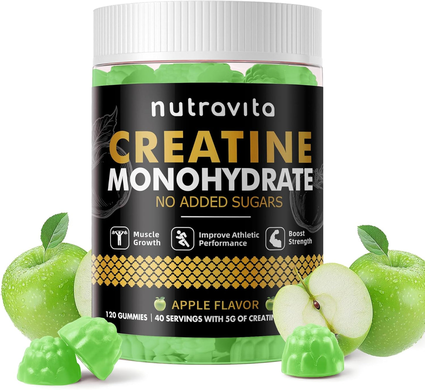 Creatine Monohydrate Gummies for Men & Women-5g of Creatine Monohydrate per Serving - Sugar Free,Vegan, Apple Flavor, 120 Count