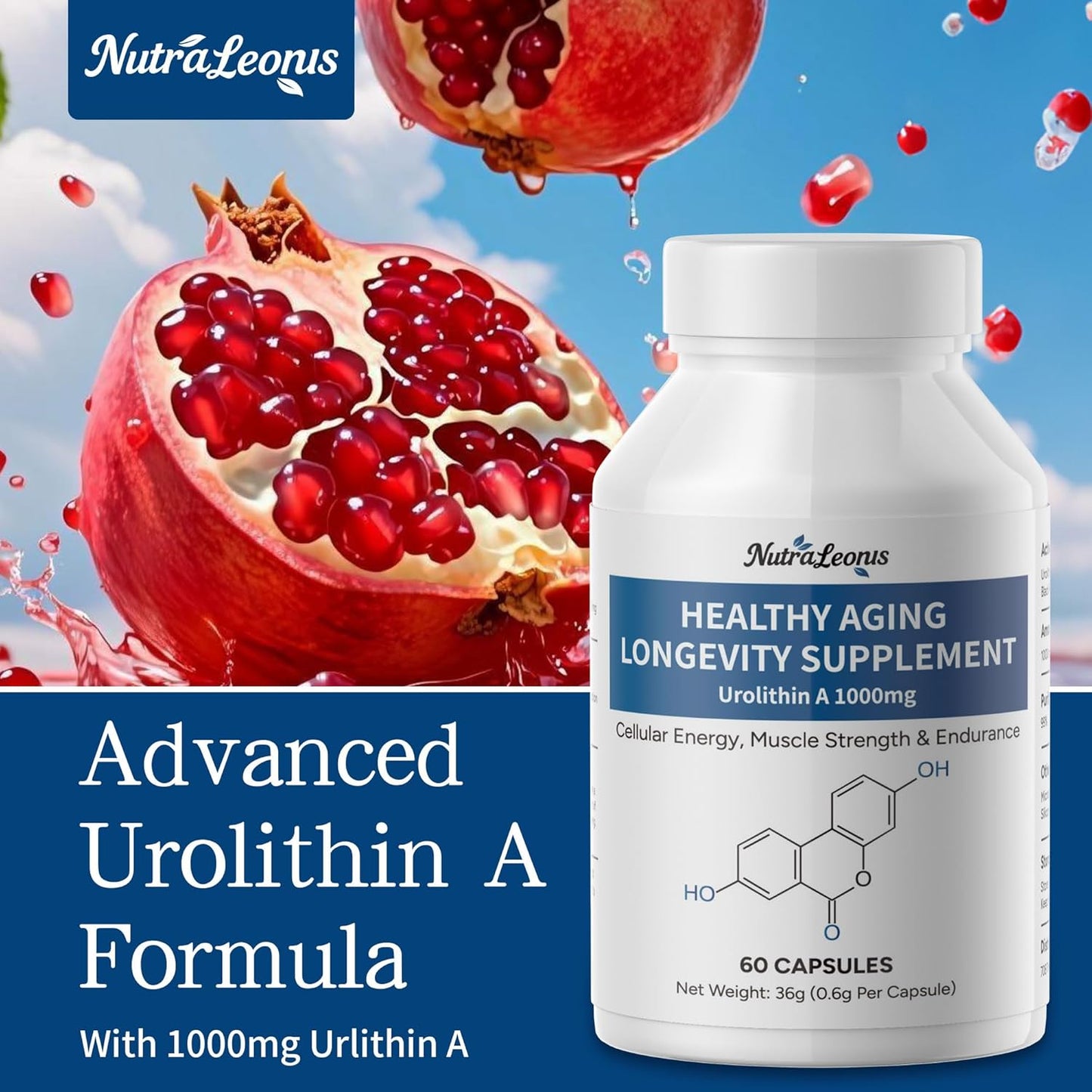 Urolithin A Supplement 1000 mg - 60 Capsules | Mitochondrial Support with NAD+ & PQQ | Boosts Cellular Energy and Rejuvenation | 99% Pure Urolithin A