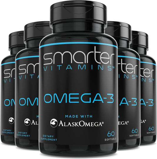 (5 Pack) Smarter Omega 3 Fish Oil, Berry Flavor, Burpless, Tasteless, 2000mg, Potent Triple Strength DHA EPA Brain Omega-3, Made with AlaskOmega®