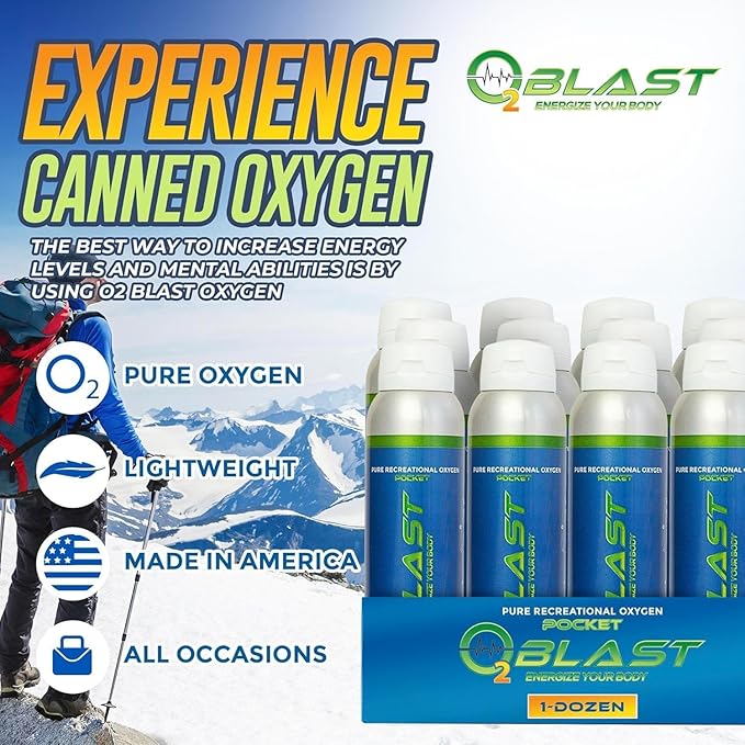 O2 Blast - Pure Oxygen Supplement - Filled with 99.99% Pure Oxygen to Support Fast Recovery, Increase Stamina & Enhance Focus for High Altitude and Action Sports, 4L Portable Can Flip-Top Cap, 12-Pack