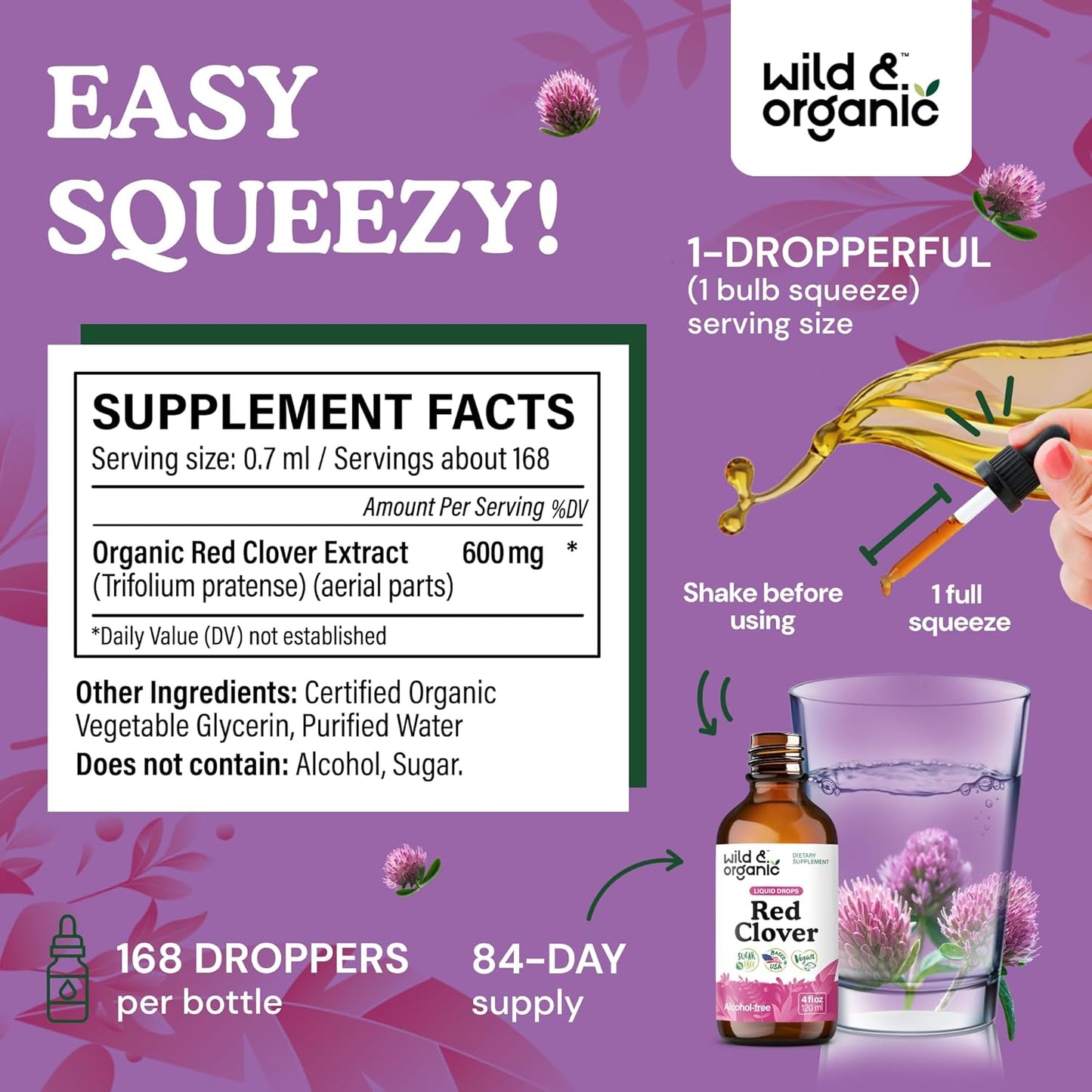 Wild & Organic Red Clover Tincture 600 mg - Liquid Red Clover Supplements for Women - 2-Month Supply - Trifolium Pratense Herb - Vegan, Sugar & Alcohol-Free Extract Drops - 4 fl oz