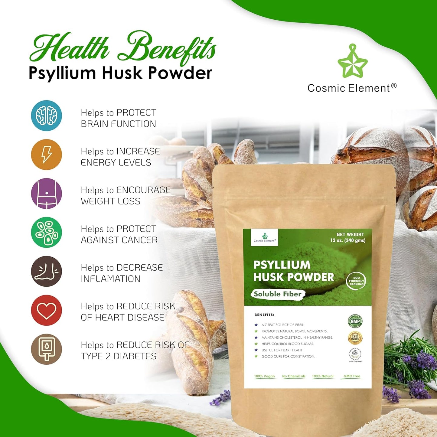 100% Pure Psyllium Husk Powder Organic - Fiber Supplement Powder | Psyllium Fiber Powder for Regularity and Keto Baking | Finely Ground Psyllium Husk Powder for Baking and Bread - 12 oz