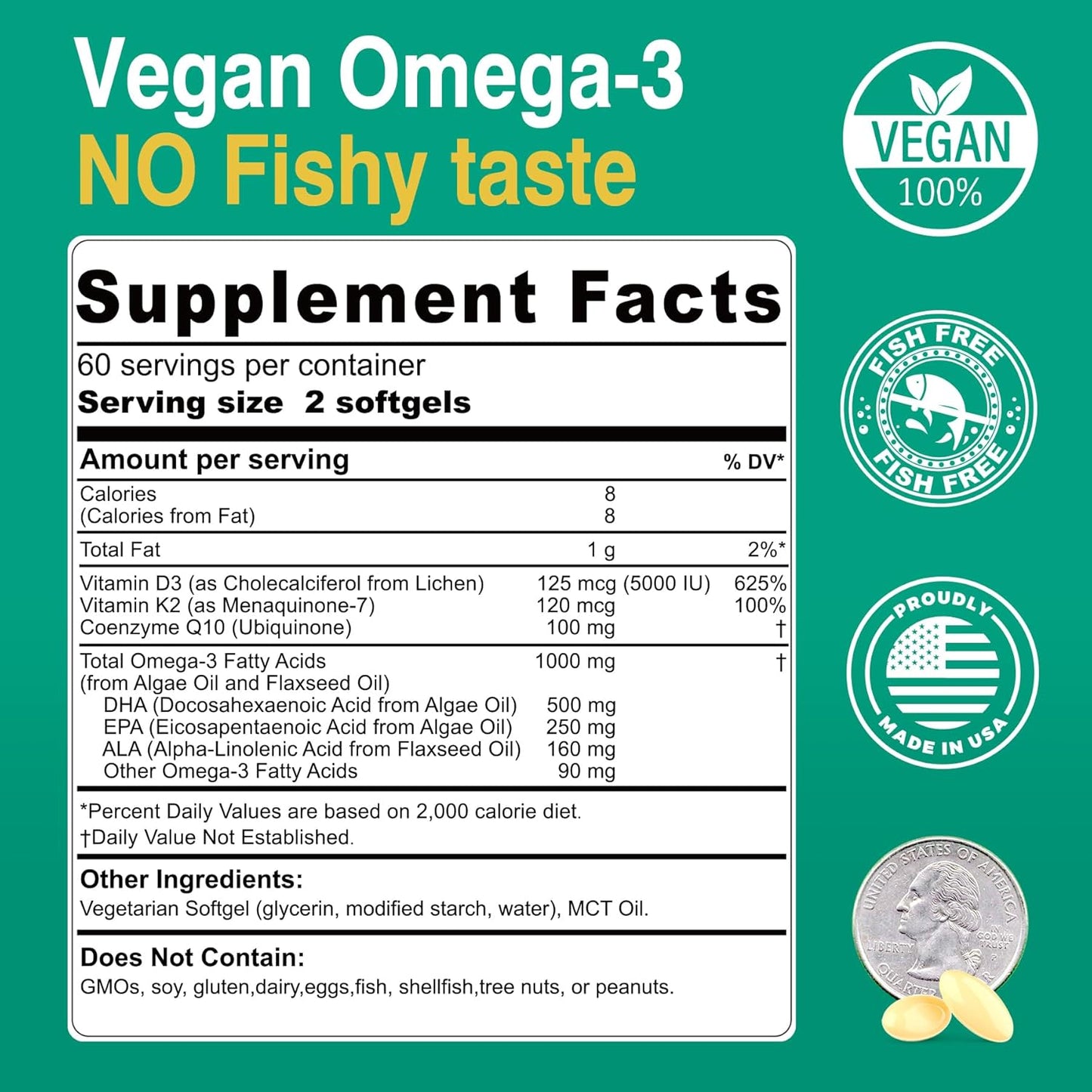2 Pack Vegan Omega 3 D3 K2 CoQ10 Supplement, Plant Based DHA EPA ALA for Women Men, Omega 3 Organic Algae Flaxseed Oil Supplement for Bone, Brain, Eye & Immune Support, No Carrageenan, 240 Softgels