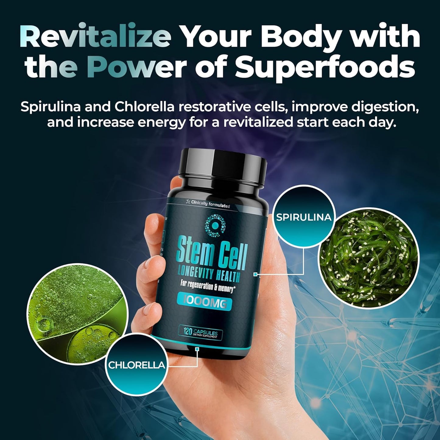 Premium Stem Cell Supplements 1,000mg (120 Caps) Boost Immunity, Reduce Joint Soreness, Support Natural Anti-Aging & Longevity with Spirulina & Chlorella for Vitality, Celulas Madre Health Formula