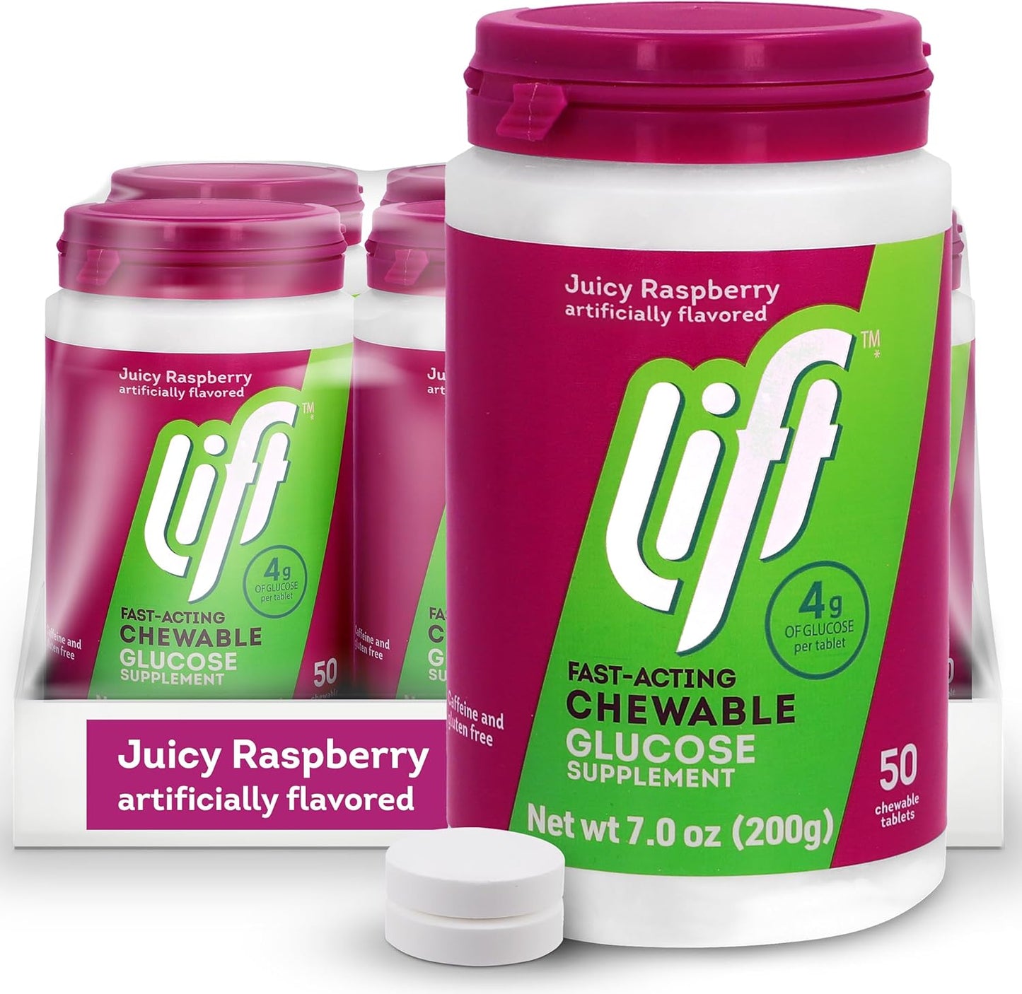 Lift Glucose | Fast-Acting Glucose Chewable Energy Tablets | Raspberry | 50 ct Jar (Pack of 6)