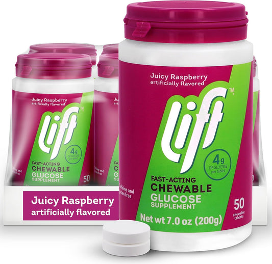Lift Glucose | Fast-Acting Glucose Chewable Energy Tablets | Raspberry | 50 ct Jar (Pack of 6)