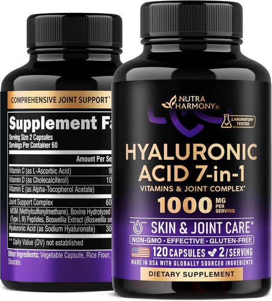 Hyaluronic Acid Supplements 1000 mg - Collagen | MSM | Boswellia | Vitamin D3, C & E - Hyaluronic Acid Capsules - Skin Hydratation & Joint Comfort Support - 7-in-1 Complex - Made in USA - 120 Capsules