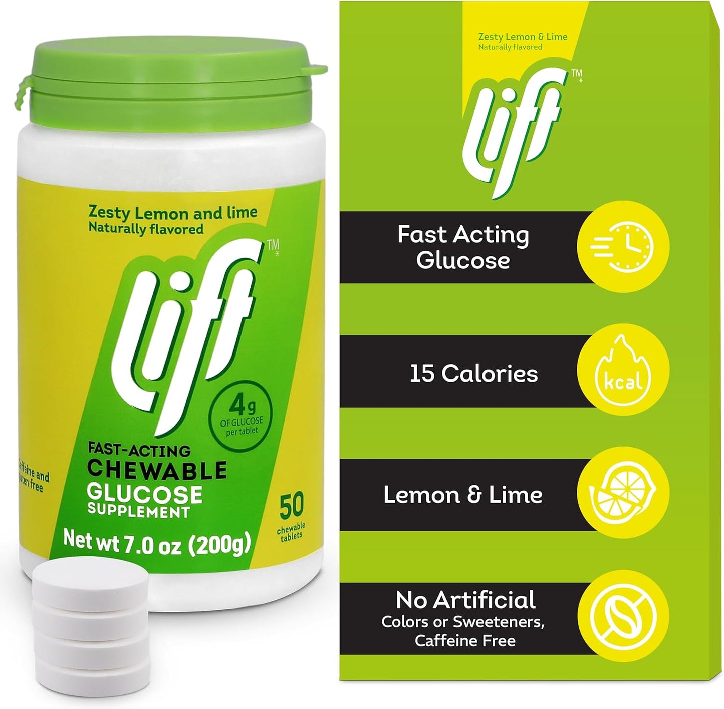 Lift Glucose Fast-Acting Glucose Chewable Energy Tablets, Lemon & Lime, 50 ct Jar (Pack of 6)