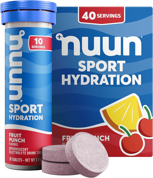 Nuun Sport Electrolyte Tablets with Magnesium, Calcium, Potassium, Chloride & Sodium, Gluten Free & Vegan, Fruit Punch, 4 Pack (40 Servings Total)