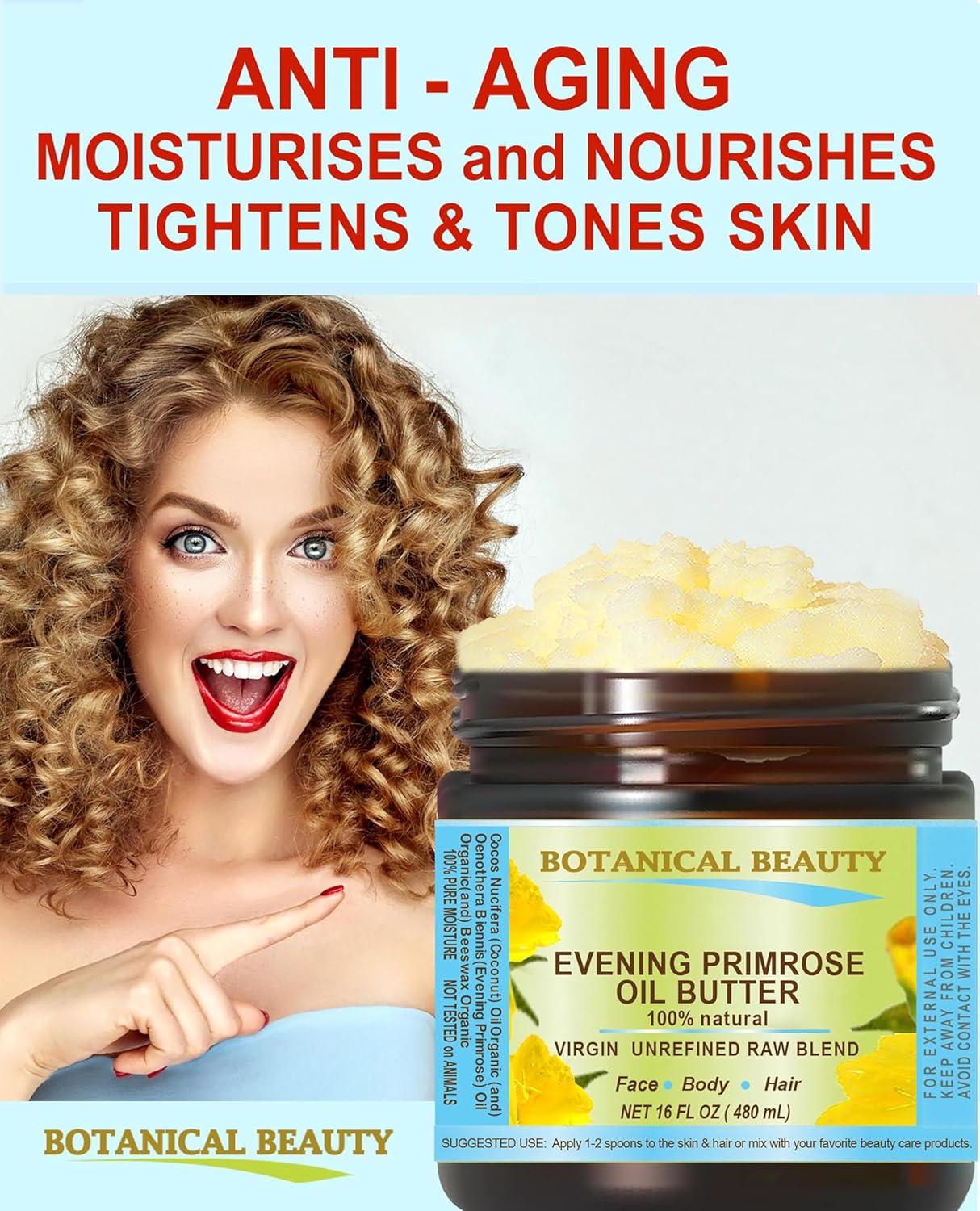 Botanical Beauty EVENING PRIMROSE OIL BUTTER Pure Natural Virgin Unrefined RAW for FACE, SKIN, BODY, DAMAGED HAIR, NAILS. (4 Fl Oz)