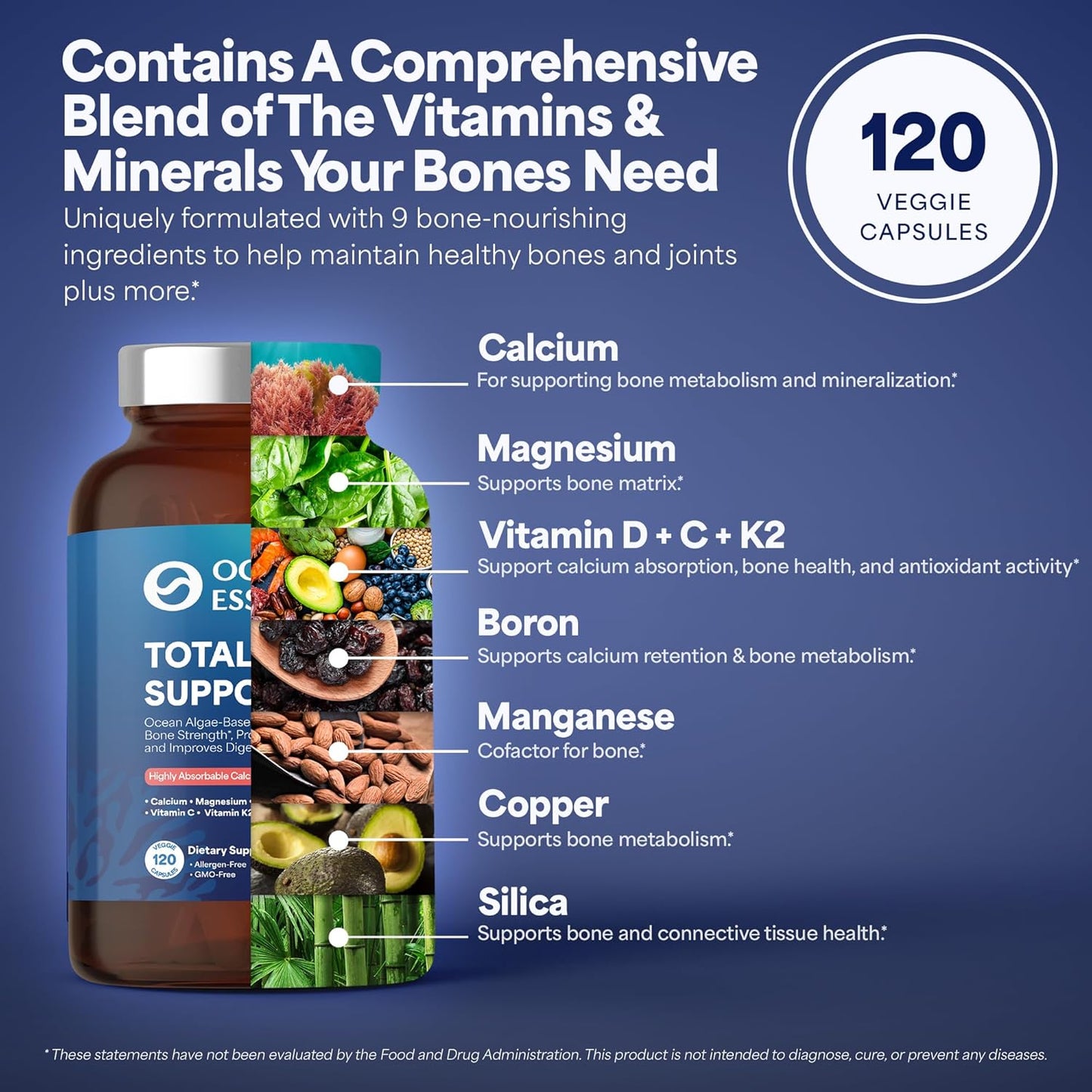 3 Pack OCEAN ESSENCE Total Bone Support - Plant-Based Algae Calcium Supplement for Supporting Bone Density & Strength - For Men & Women 35+ - 120 Natural Calcium Capsules - Vitamins for Optimal Health