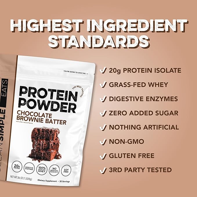 Clean Simple Eats Whey Protein Powder, Chocolate Brownie Batter Flavor Naturally Sweetened, 100% Grass Fed Protein Powder with Digestive Enzymes & No Artificial Ingredients, Gluten Free, 30 Servings