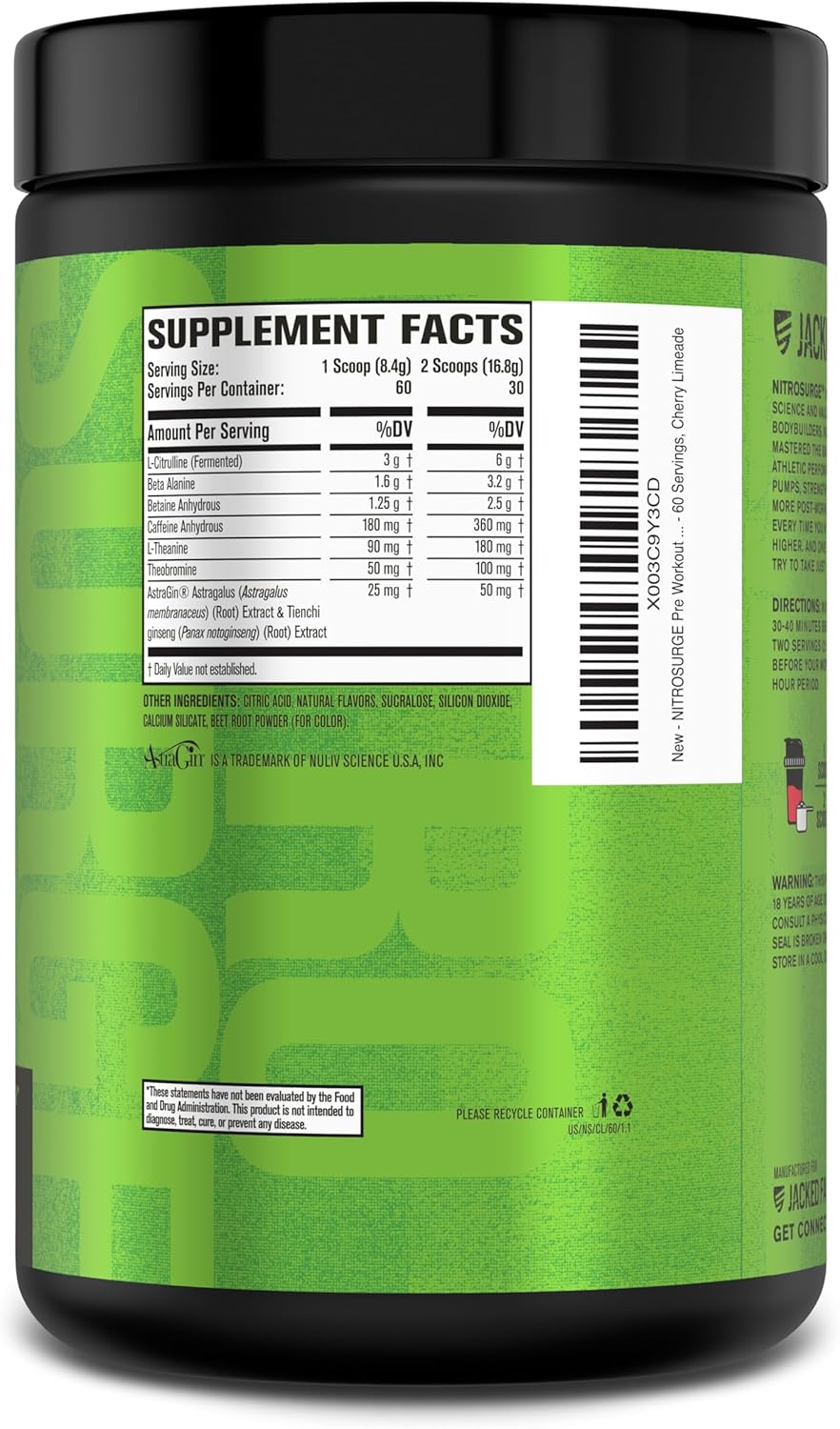 Jacked Factory NITROSURGE Pre Workout Supplement - Endless Energy, Instant Strength Gains, Clear Focus, Intense Pumps - NO Booster & Powerful Preworkout Energy Powder - 60 Servings, Cherry Limeade