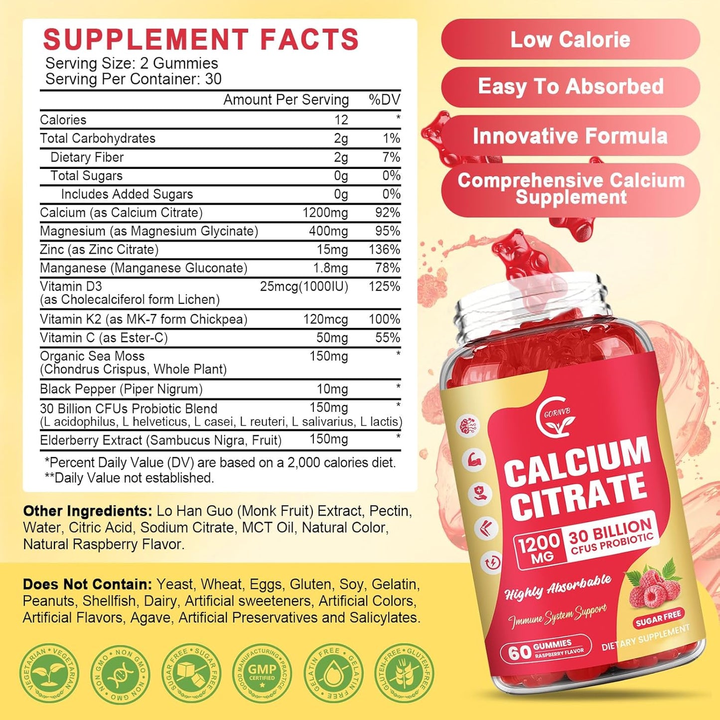 (2 Pack) Sugar Free Calcium Citrate Gummies 1200 mg with Vitamin d3, K2, Magnesium, Zinc for Bone, Muscle & Immune Support, High Absorption Calcium Supplement for Women, Raspberry Flavor, 60 Chews