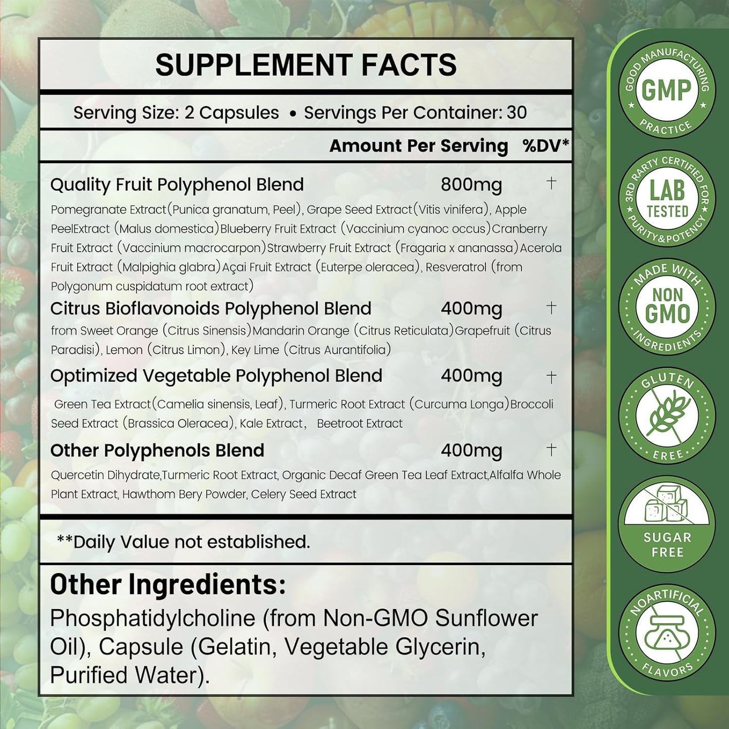 25-in-1 Polyphenols Supplement, 2000MG Powerful Antioxidants & Polyphenol for Age Defense, Polyphenol Superfood, Quercetin, Resveratrol, Plant-Based & Energy, Immune Support, 60 Capsules