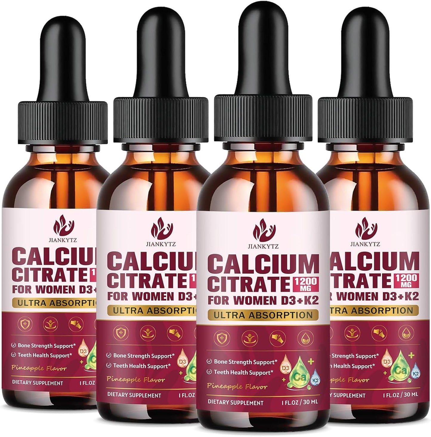 (4 Pack) Calcium Citrate with Vitamin D3 Liquid Drops for Women - Bones, Teeth, Immune Support, 1200mg Calcium Citrate Liquid Drops with Vitamin D3 K2, Vegan, Sugar-Free, 1 Fl Oz