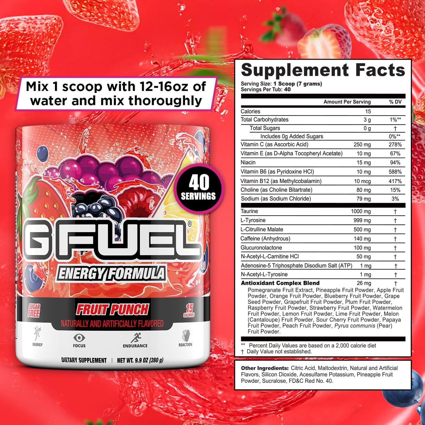 G Fuel Fruit Punch Energy Drink Powder, Pre Workout Caffeine Mix for Gaming, Sugar Free Focus Amino, Vitamin + Antioxidants, 9.9oz (Fruit Punch, 40 Servings)