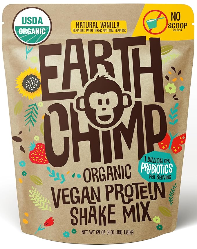 EarthChimp Organic Vegan Protein Powder - with Probiotics - Non GMO, Dairy Free, Non Whey, Plant Based Protein Powder for Women and Men, Gluten Free - 52 Servings 64 Oz (Vanilla) No Scoop