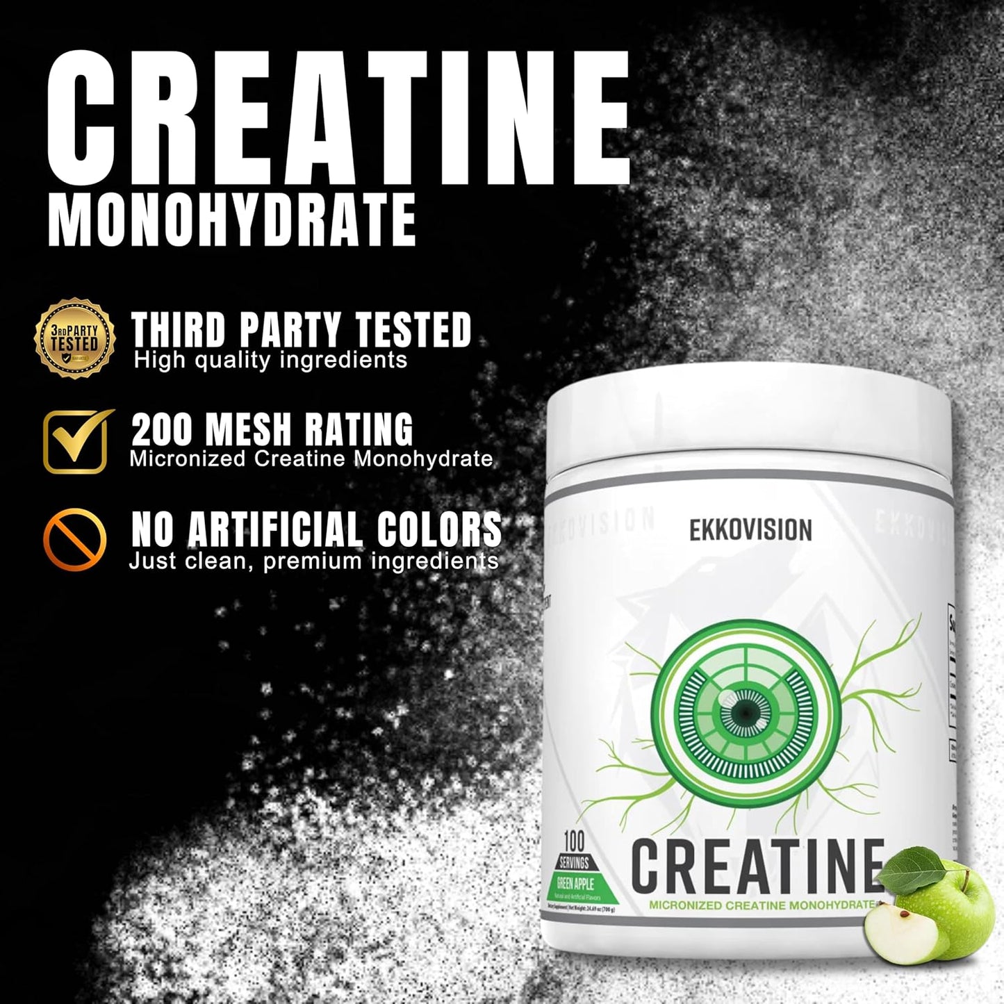 Creatine Monohydrate Powder, Micronized, Green Apple, Pre Workout & Post Workout Supplement for Men and Women, Energy Support, Easy to Mix in Shakes, Smoothies & Beverages, 100 Servings