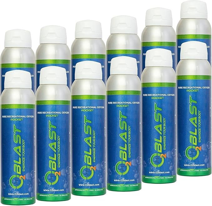 O2 Blast - Pure Oxygen Supplement - Filled with 99.99% Pure Oxygen to Support Fast Recovery, Increase Stamina & Enhance Focus for High Altitude and Action Sports, 4L Portable Can Flip-Top Cap, 12-Pack
