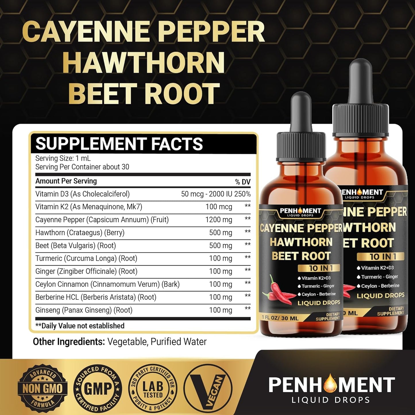 2 Packs - 2700 mg 10in1 Cayenne Pepper Liquid Drops with Hawthorn Berry, Vitamin D3 K2, Beet Root, Ginger Turmeric, Ginger, Ceylon Cinnamon, Berberine, and Ginseng - 2 Months
