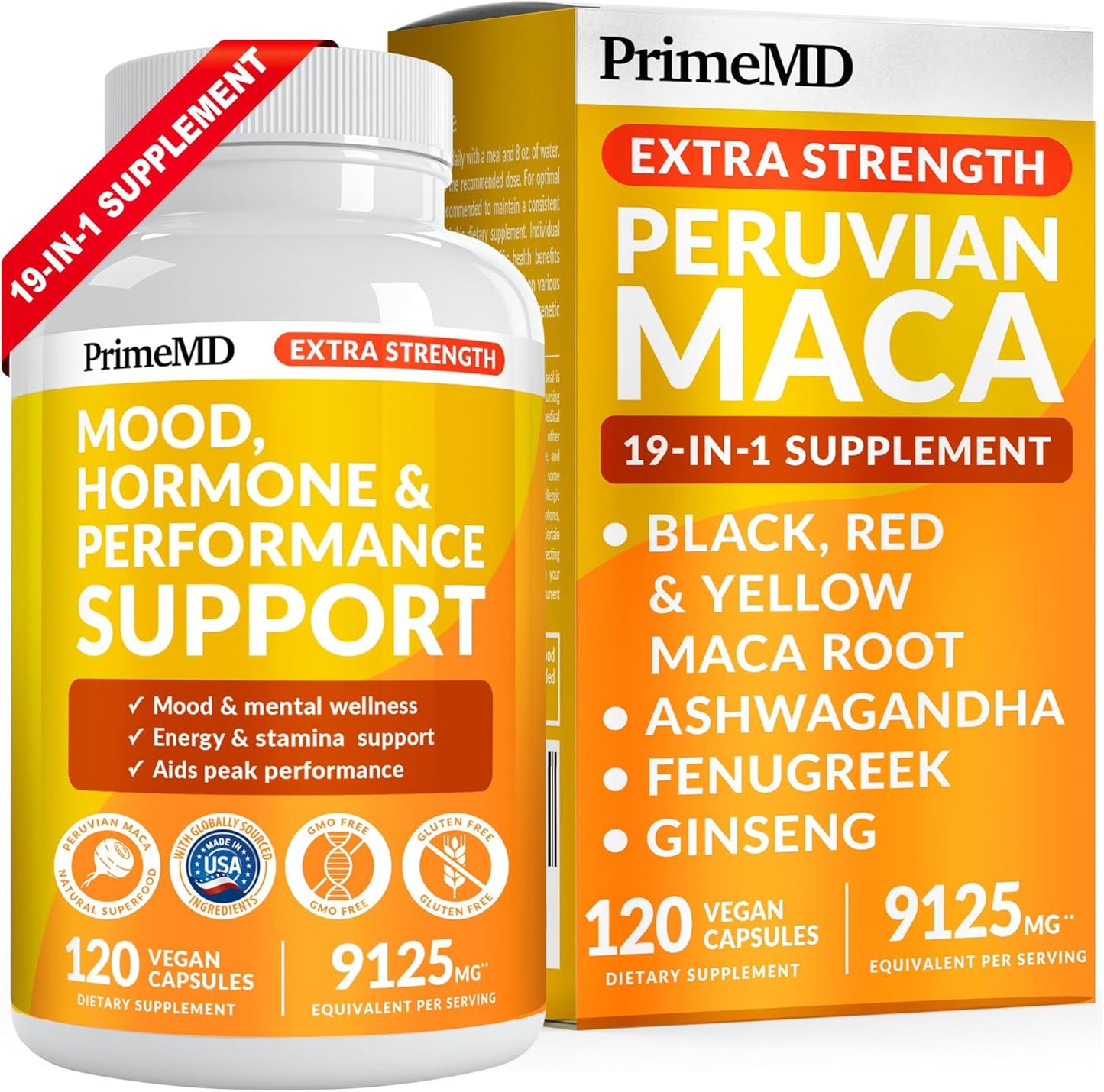 19-in-1 Extra Strength Peruvian Maca Root Capsules - 9125 mg Ashwagandha Supplements with Fenugreek and Ginseng for Mood, Hormone and Performance Support (120 ct)