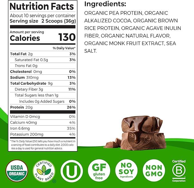 Orgain Organic Vegan Perfect Blend Protein Powder, 20g Clean Plant Protein, 7 Ingredients, <1g Sugar, Gluten Free, Non-GMO; No Artificial Flavors, Stevia Extract, Dairy or Soy Ingredients- Chocolate