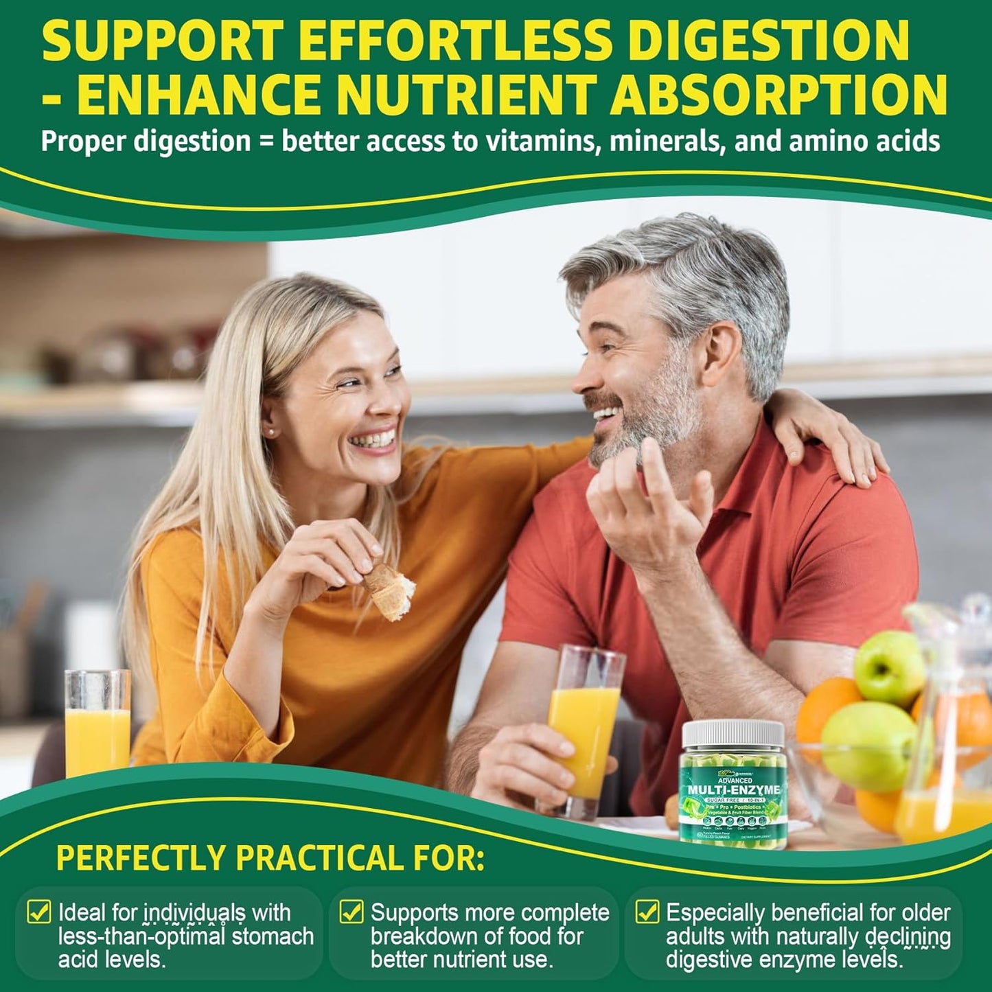 2Pack Digestive Enzymes Gummies for Women & Men, Multi-Enzymes with 90Billion CFU Probiotics and Prebiotics & Postbiotic, Vegetable & Fruit Fiber Blend, Super Enzymes for Digestive & Gut Health,Immune