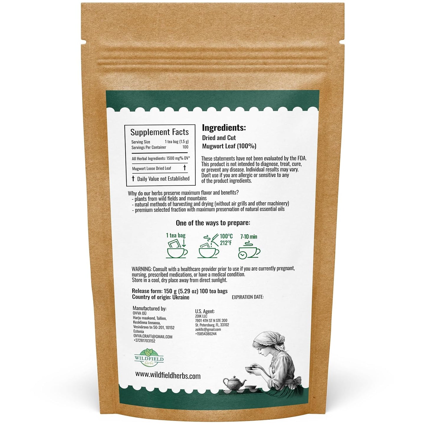 100 Bags Dried Mugwort Tea Mugwort Herb Dried Tea (Dried Artemisia Vulgaris Herb) - 100 Count 1.5g Bags Artemisa