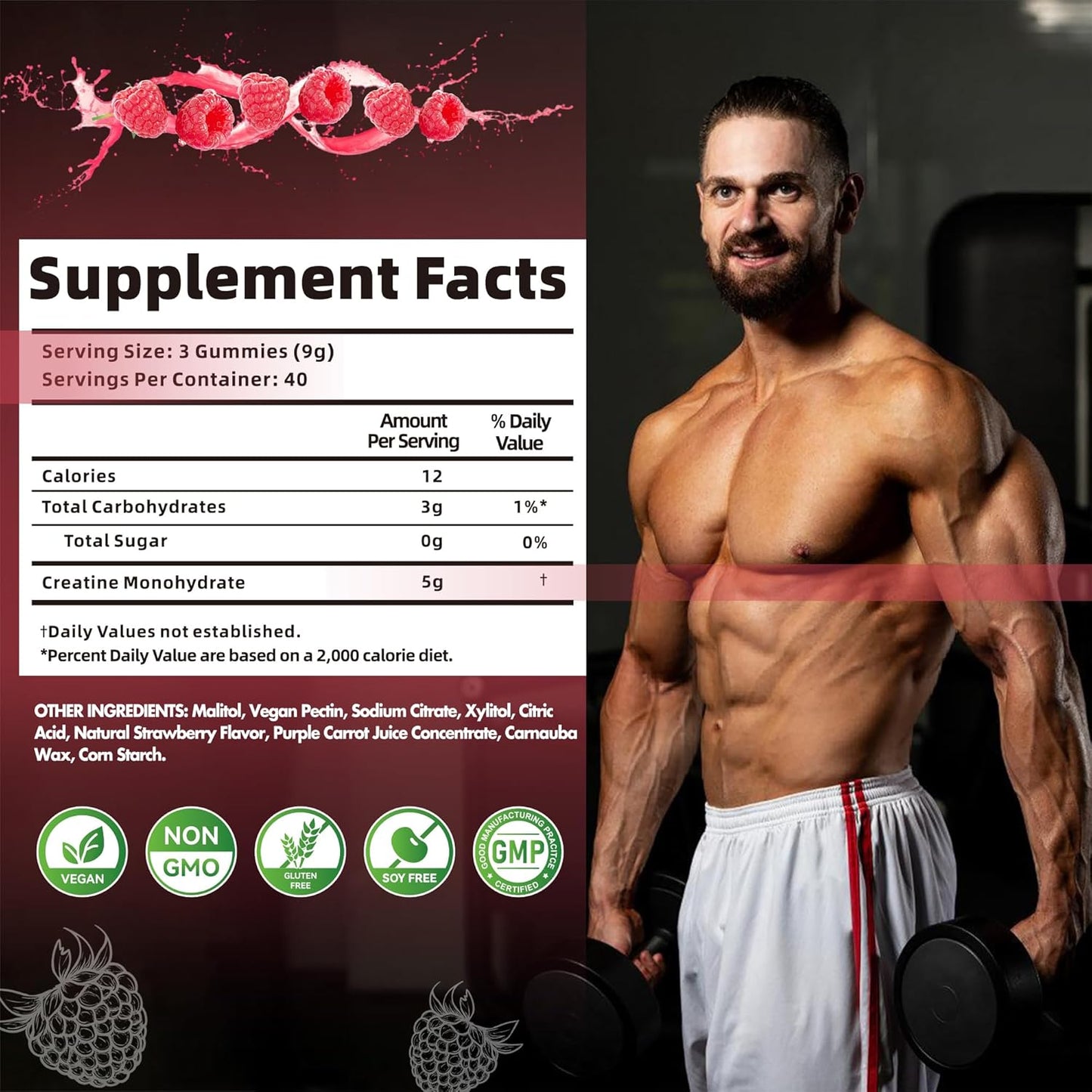 Creatine Monohydrate Gummies for Men & Women-5g of Creatine Monohydrate per Serving - Sugar Free,Vegan, Raspberry Flavor, 120 Count