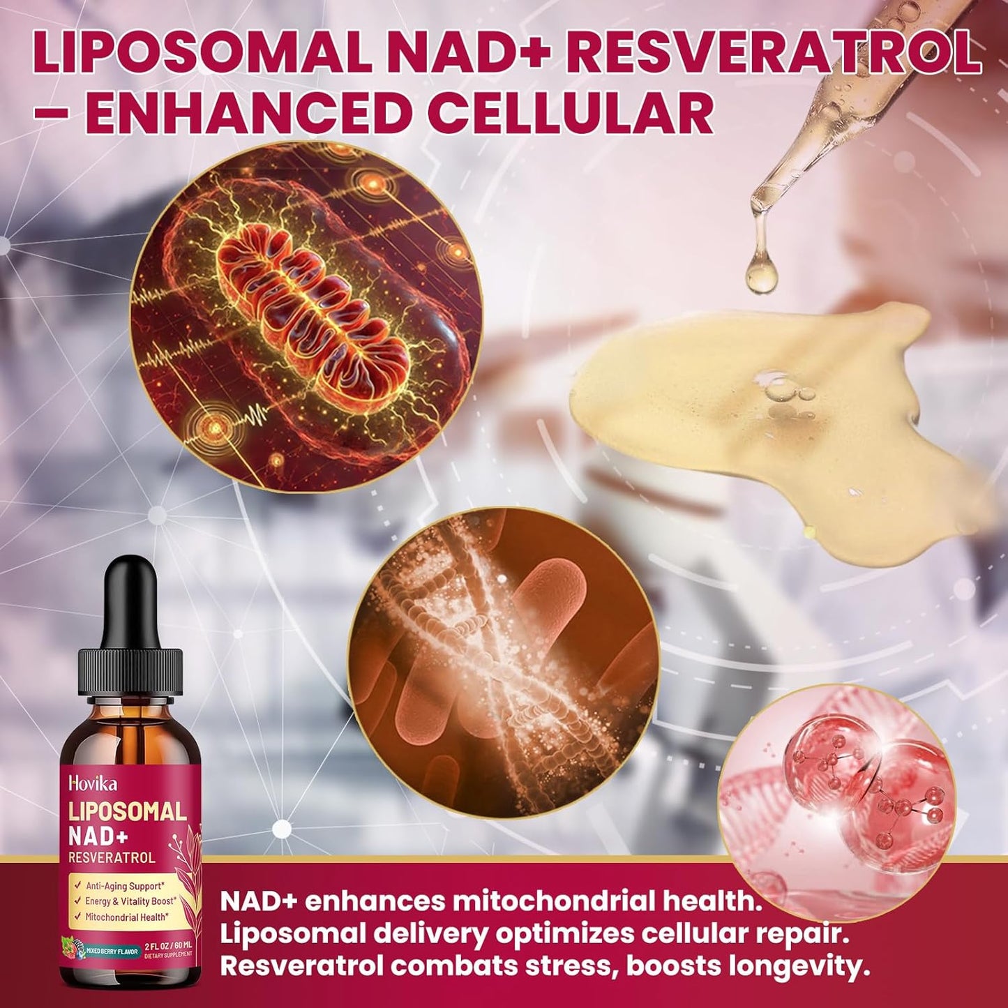 2 Pack Liposomal NAD Supplement - 1200mg NAD+ Liquid Drops for Women & Men with Resveratrol, Black Pepper Extract - Support Anti-Aging, Brain & Cellular Mitochondrial Health - Mixed Berry Flavor