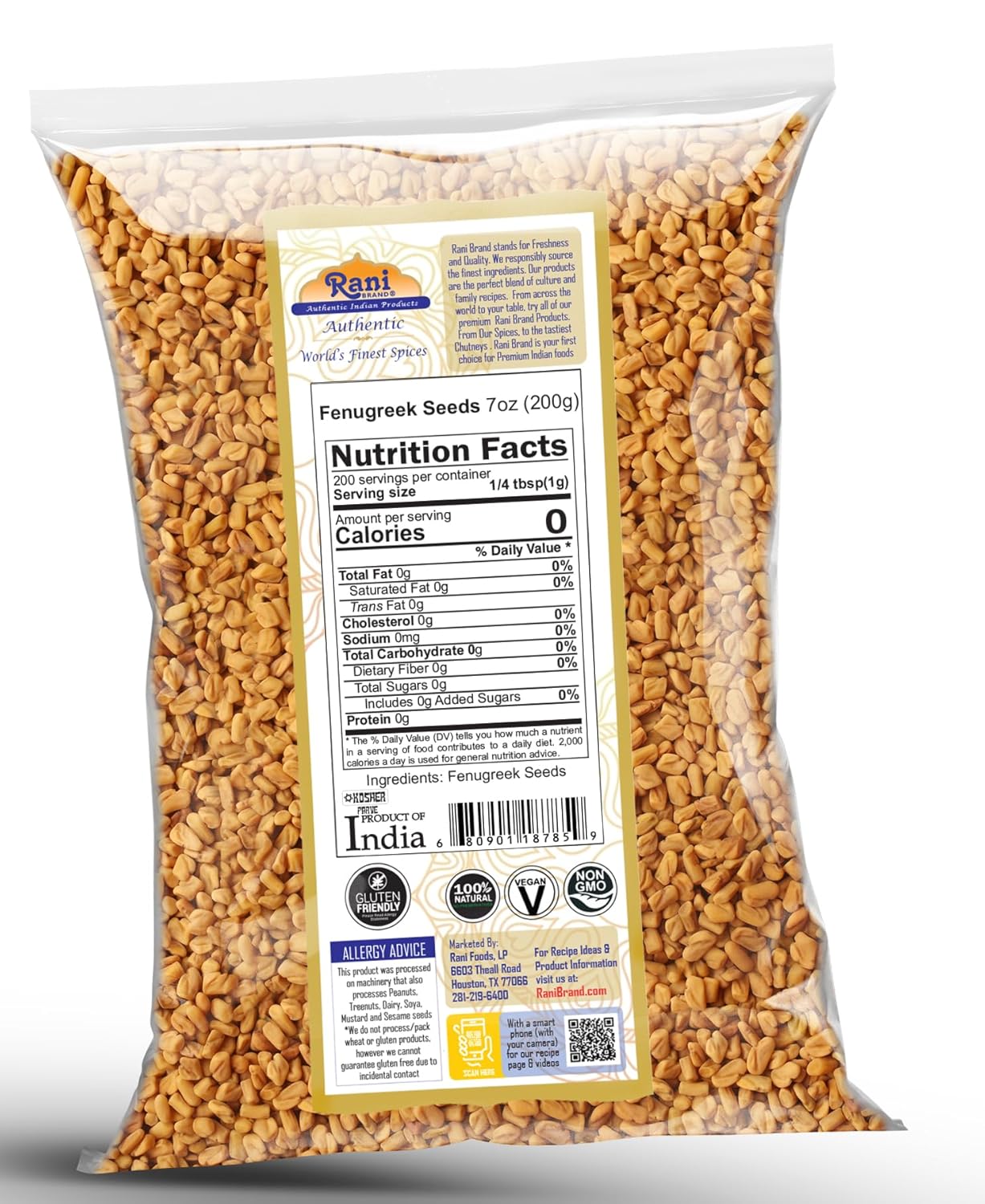 Rani Fenugreek (Methi) Seeds Whole 7oz (200g) Trigonella foenum graecum ~ All Natural | Vegan | Gluten Friendly | Non-GMO | Kosher | Indian Origin, used in cooking & Ayurvedic spice