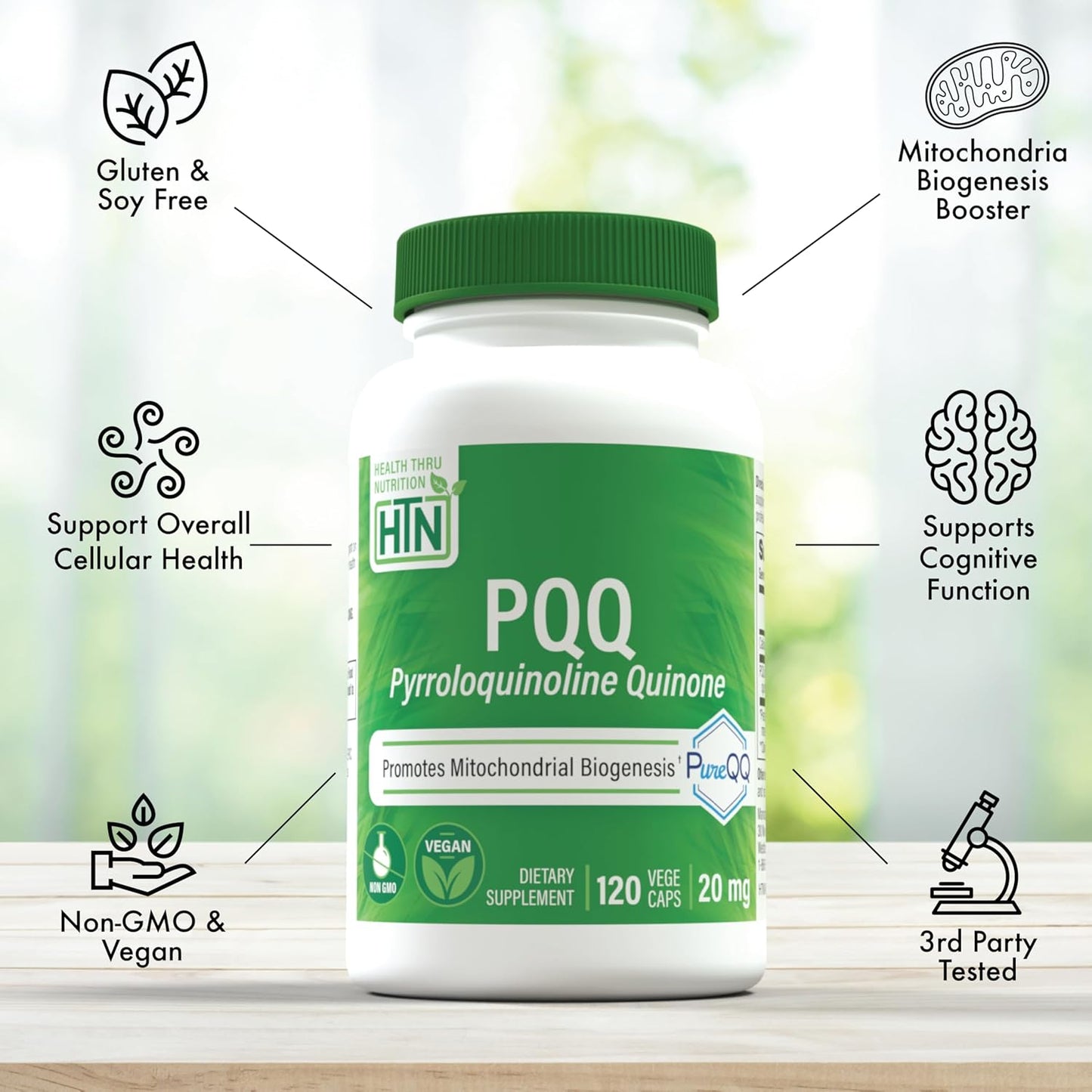 Health Thru Nutrition PQQ 20mg 120 Servings Pyrroloquinoline Quinone as PureQQ | Promotes Mitochondrial Biogenesis | Certified Vegan | Non-GMO Gluten Soy Free Capsules| Clean Label PQQ Supplement