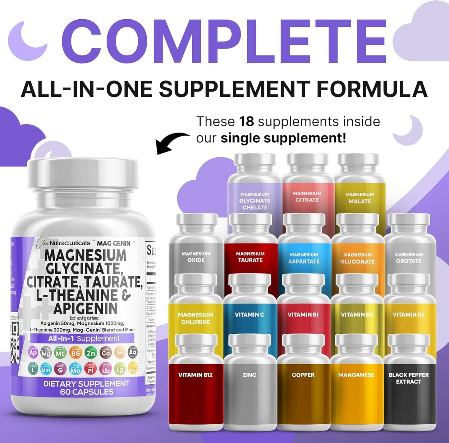 Clean Nutraceuticals Magnesium Glycinate Complex 1000mg with L-Theanine 200mg Apigenin 50mg Citrate Taurate Supplement - 5-HTP GABA Passion Flower Lemon Balm L-Glycine Phosphatidylserine - 60 Count