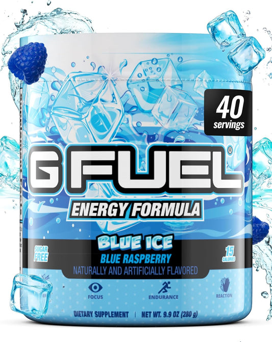 G Fuel Blue Ice Energy Drink Powder, Pre Workout Caffeine Mix for Gaming, Sugar Free Focus Amino, Vitamin + Antioxidants, 9.9oz (Blue Raspberry, 40 Servings)