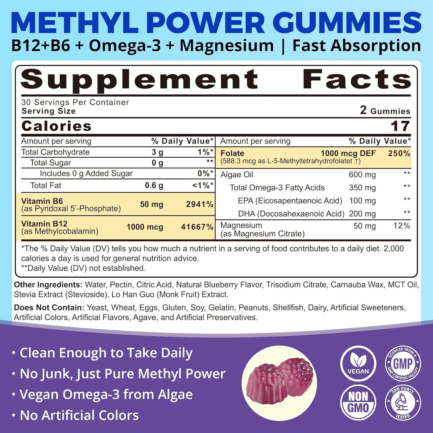 3-in-1 Methylated B Complex + Omega-3 Gummies With Vitamin B12 1000 mcg + Methylfolate 1000 mcg, B6 Vitamins for Energy, Mood & Brain - Sugar Free B Complex Vitamins for Women, Men, Vegan, 2 Pack