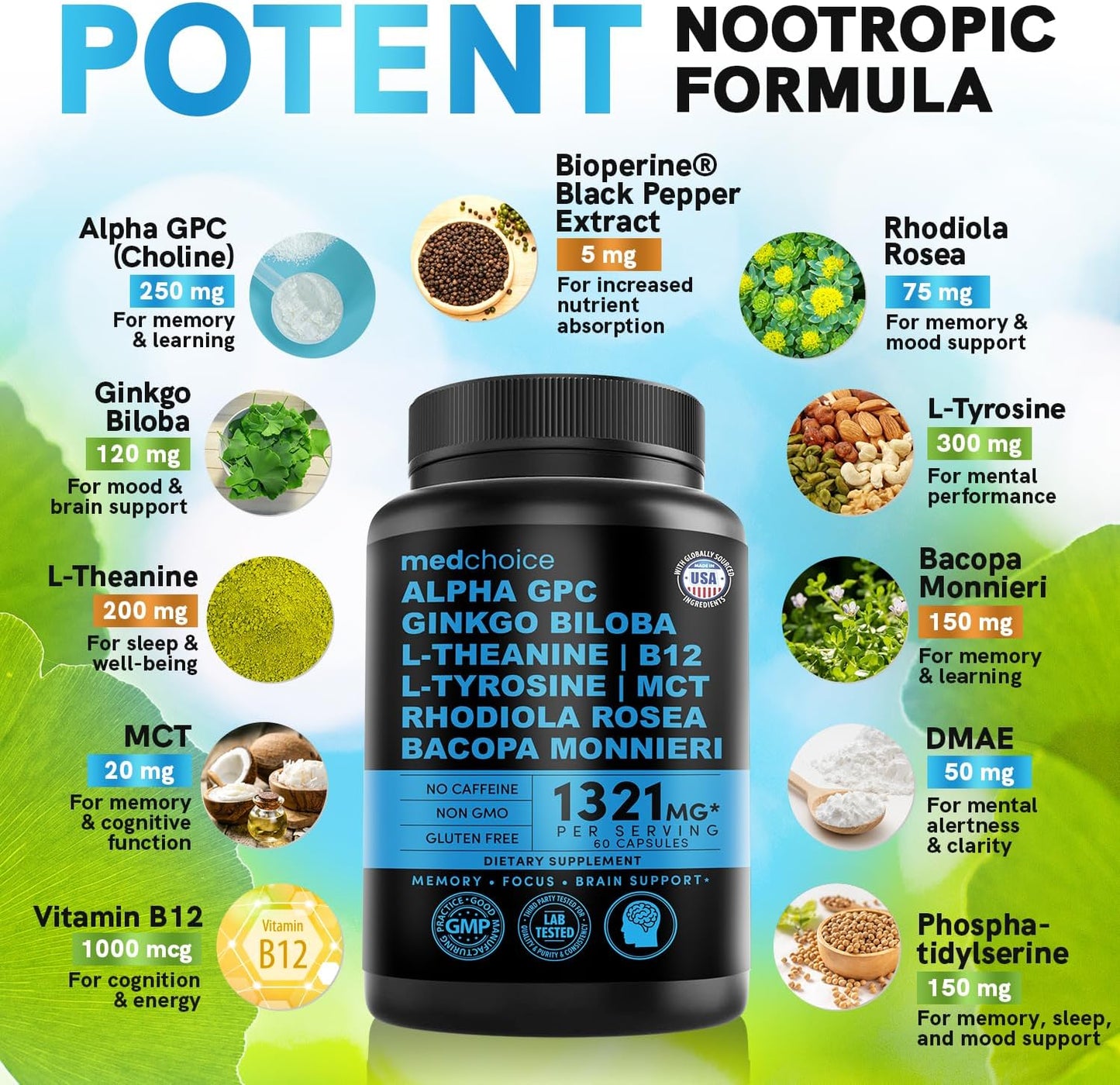 12-in-1 Nootropic Brain Supplement Anhydrous: Ginkgo Biloba for Brain Support, Memory and Focus - B12, Alpha GPC, L Theanine and Choline Supplements with Bioperine non Caffeinated 1321mg (180ct)