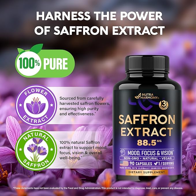 Natural Saffron Supplements - Pure Saffron Extract 88.5 mg - Made in USA - Mood | Focus | Vision | Energy Support - Eye Health for Women & Men - NonGMO Vegan Pills - 90 Powder Capsules, 3 Month Supply