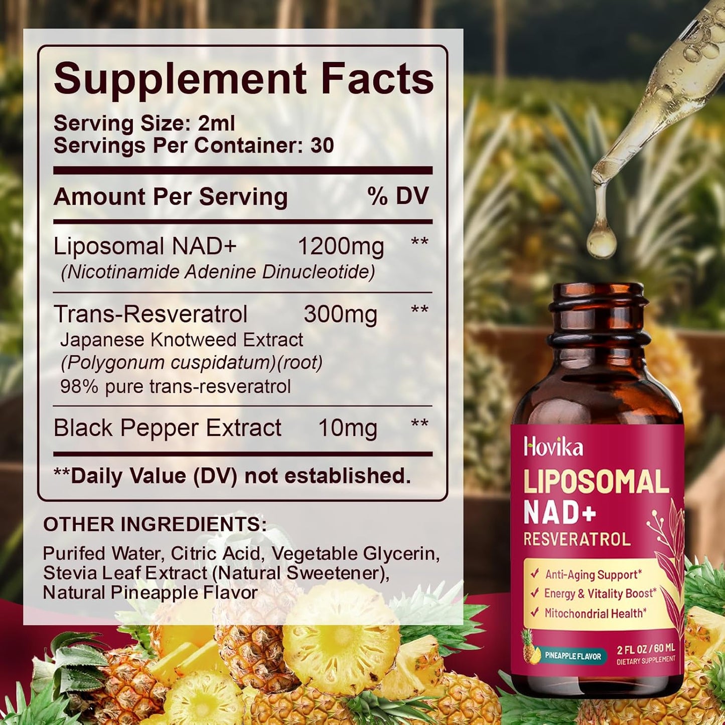 2 Pack Liposomal NAD Supplement - 1200mg NAD+ Liquid Drops for Women & Men with Resveratrol, Black Pepper Extract - Support Anti-Aging, Brain & Cellular Mitochondrial Health - Pineapple Flavor