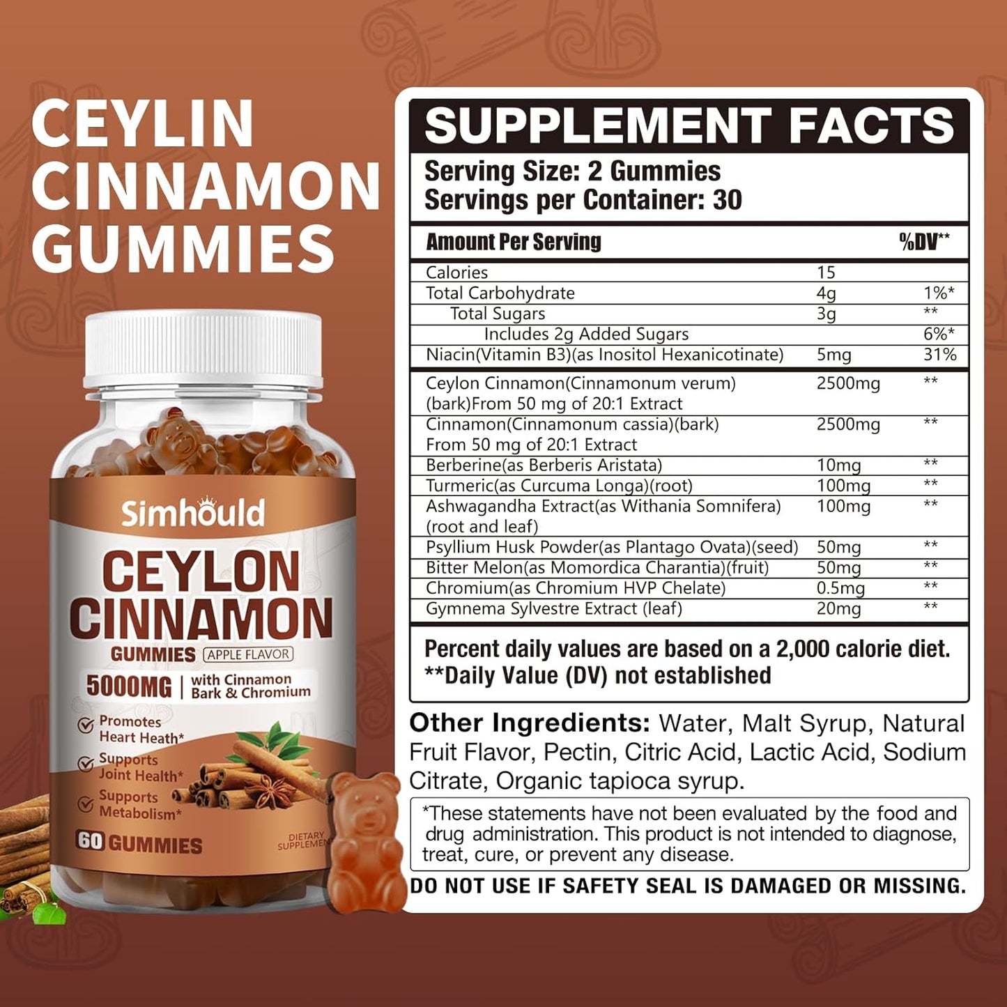 2 Pack Ceylon Cinnamon Gummies 5000MG with Ceylon Cinnamon & Cassia,Joint Support,Cinnamon Supplement & Brain Health,Vegan,Gluten-Free,Cinnamon Apple Flavor,120 Gummies.