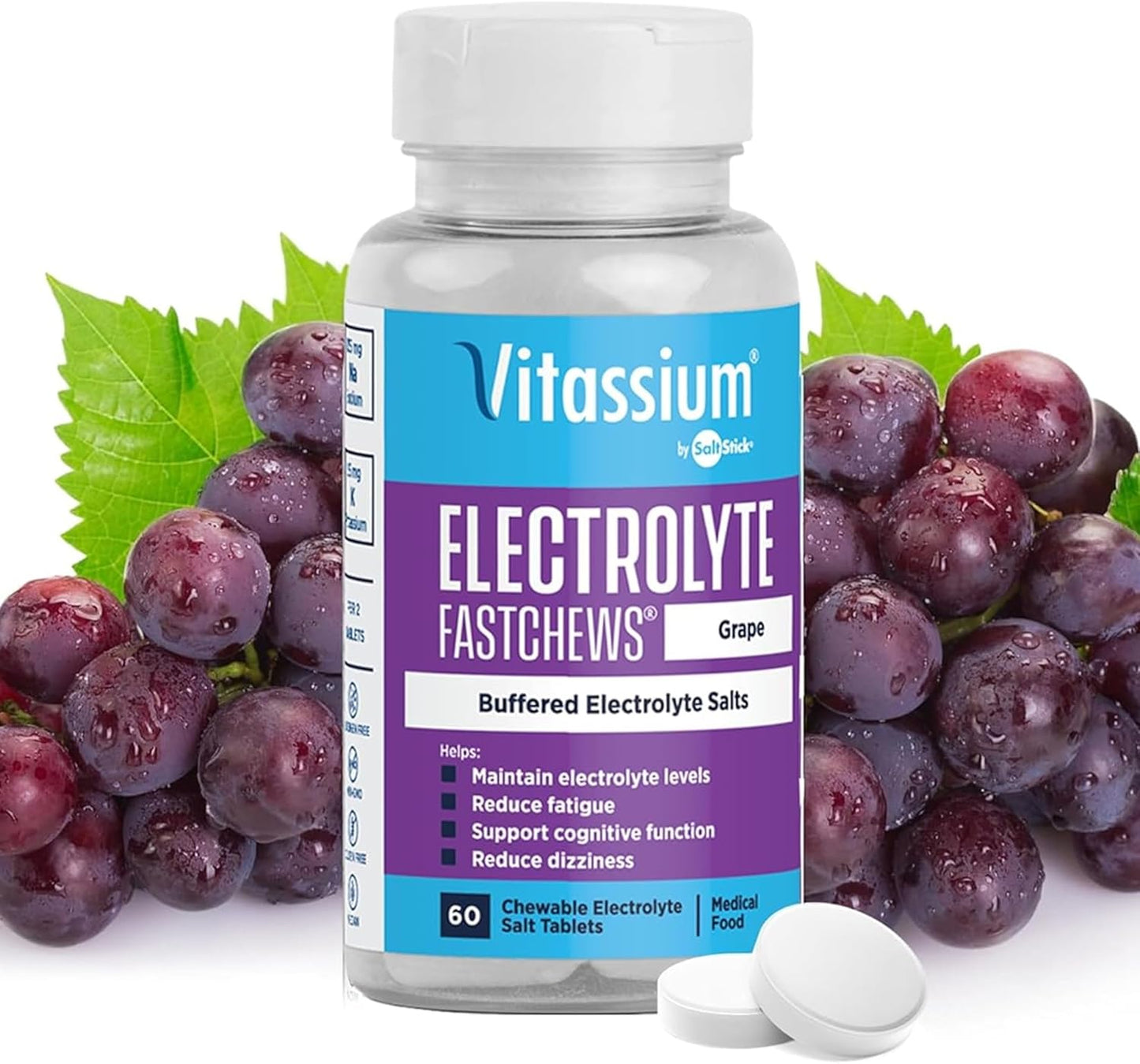 Vitassium FastChews, Chewable Electrolyte Tablets for Management of POTS and High Sodium Diets, Fast-Acting Sodium Tablets, Grape Flavor, 60 Count