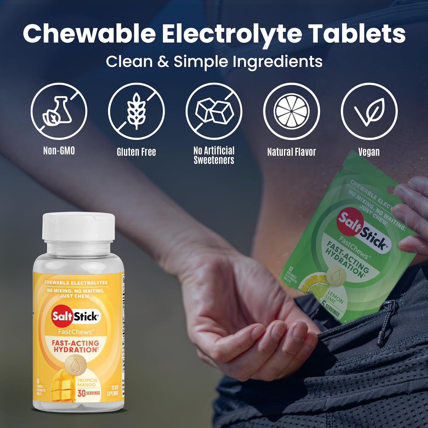 SaltStick Electrolyte FastChews - 60 Tropical Mango Chewable Electrolytes - Salt Tablets for Running and Hydration, Electrolyte Chews - 60 Count