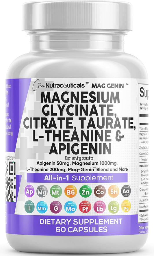 Clean Nutraceuticals Magnesium Glycinate Complex 1000mg with L-Theanine 200mg Apigenin 50mg Citrate Taurate Supplement - 5-HTP GABA Passion Flower Lemon Balm L-Glycine Phosphatidylserine - 60 Count