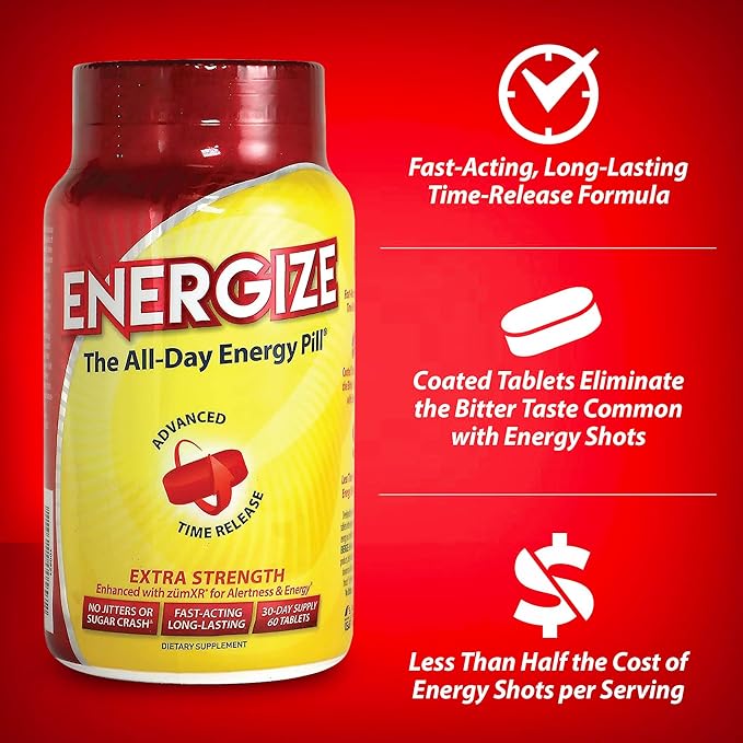 iSatori Men & Women Energize Extra Strength Caffeine Pills | Fast Acting Long-Lasting Energy Pill | Extended Time Release Caffeine | Improved Clarity, Energy Support | No Jitters, Crash | 60 Tablets