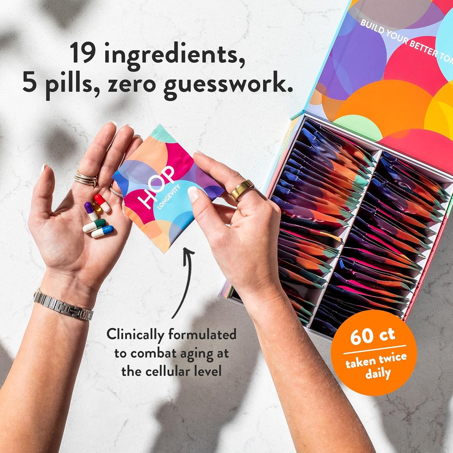 HOP Box Daily Longevity Supplements for Women | Doctor-Formulated Anti-Aging Complex with 19 Ingredients | Supports Energy, Skin, Hair, Metabolism & Cognitive Health | 30-Day Supply