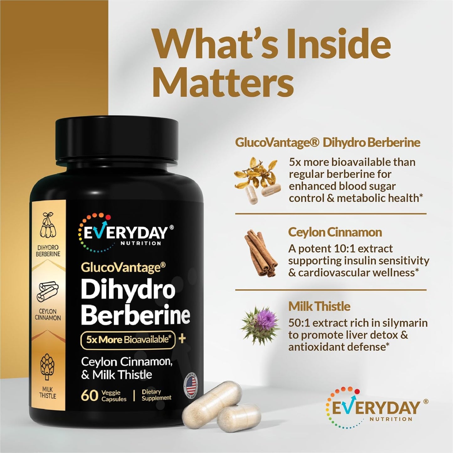 3 in1 Super Dihydroberberine Berberine Supplement GlucoVantage® 200mg Now 5X More Effective Than Regular Berberine HCL Powder | Cinnamon & Milk Thistle | More Bioavailable Metabolite 60 Capsules