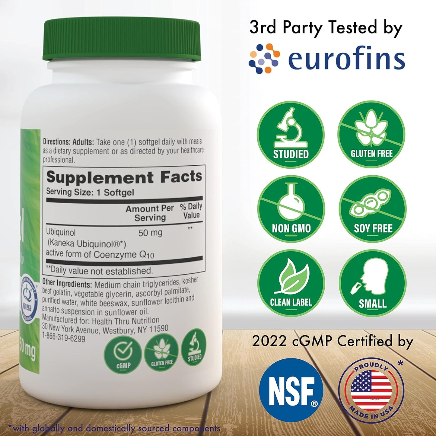 Health Thru Nutrition Ubiquinol 50mg 90 Softgels as Kaneka QH Reduced CoQ-10 | Stabilized - 3rd Party Tested | Enhanced Bioavailability | Cardiovascular & Mitochondria Function Support | Non-GMO