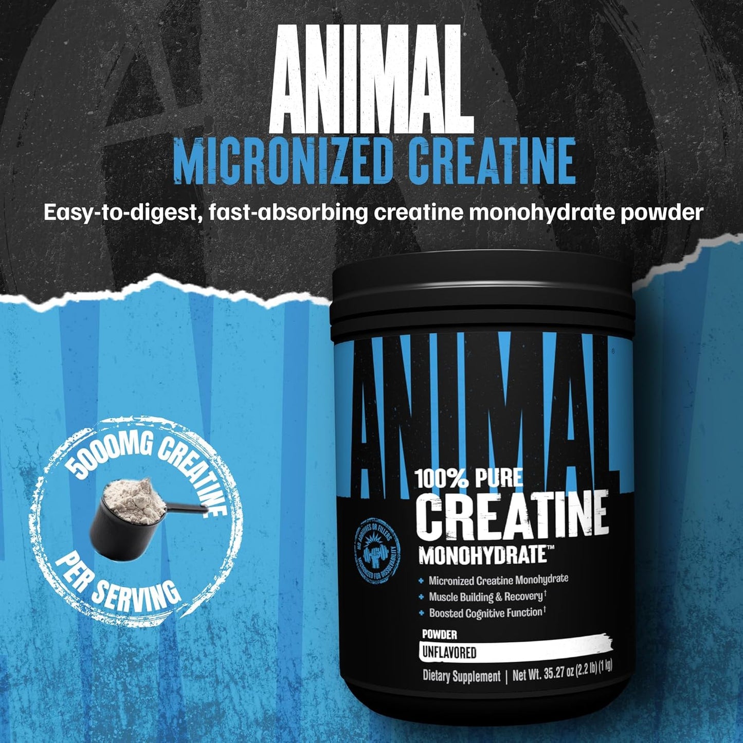 Animal Creatine Monohydrate Powder - Micronized Creatine for Women and Men, Supports Muscle Growth, Strength, Endurance, Recovery and ATP Production, Gym & Workout Supplements - Unflavored, 1kg