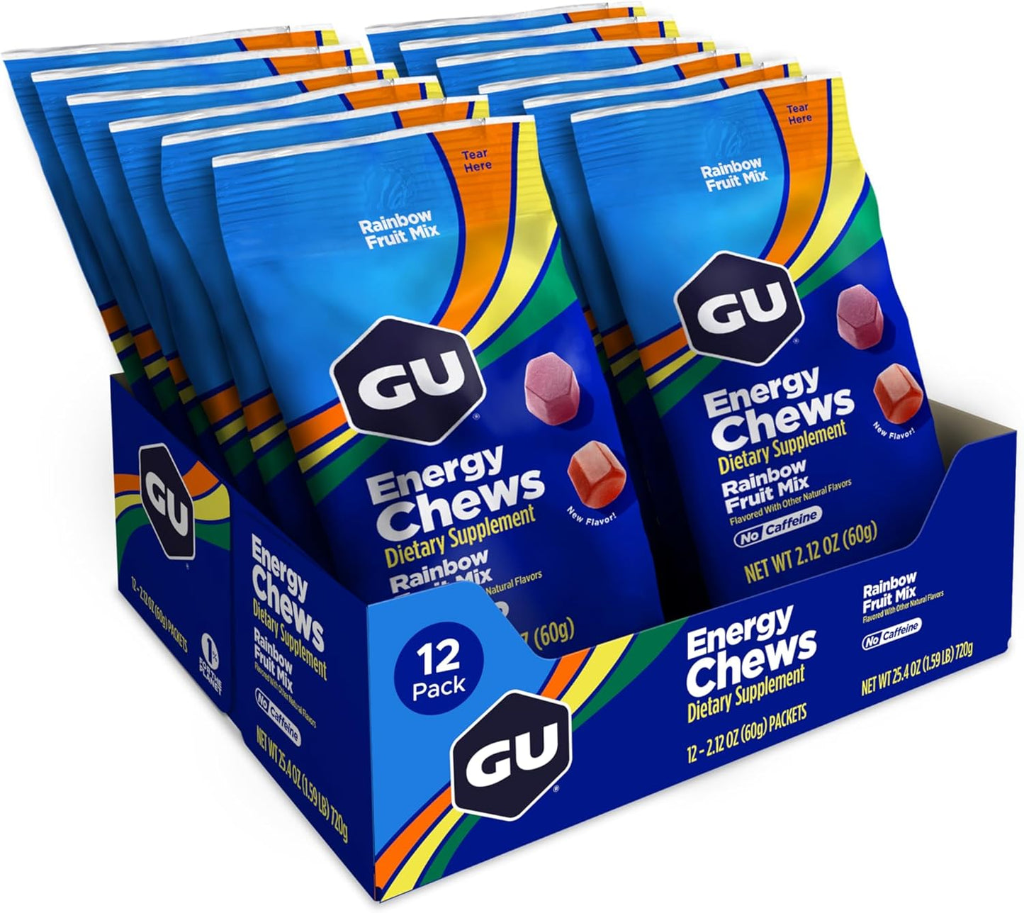 GU Energy Chews, Rainbow Mix Energy Gummies with Electrolytes, Dairy-Free, On-The-Go Energy for Any Workout, 12 Bags (24 Servings Total)